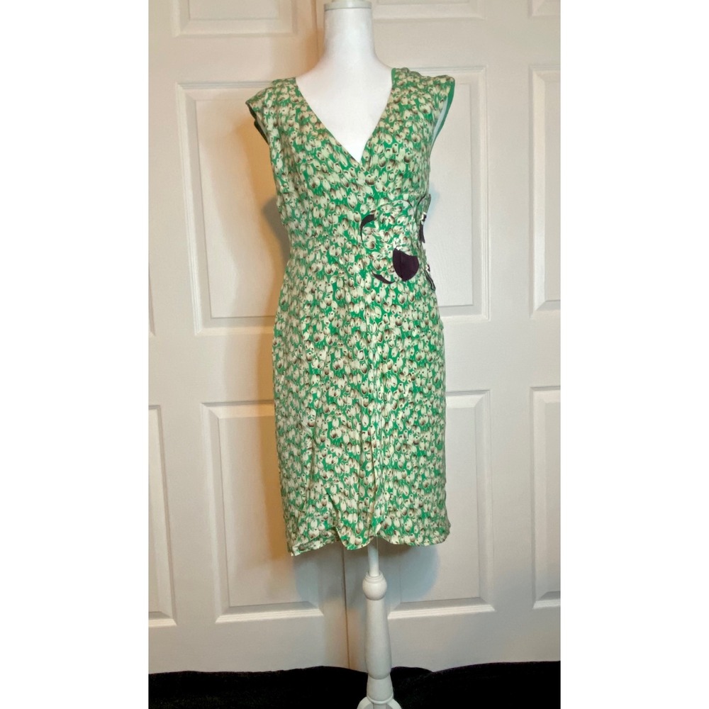 Moulinette Soeurs Silk Green Tulip Floral Applique Sheath Dress Size 2